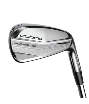 Cobra KING Forged Tec 2022 Golf Irons being held up so back of the club head is visible, on a white background