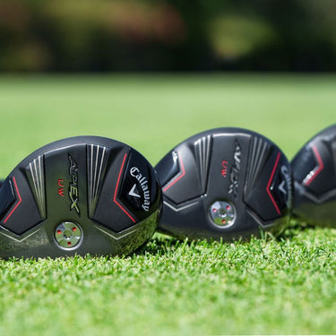 Callaway Apex UW 24 Golf Wood lined up and laying on a fairway with the sole of the club head showing