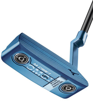 Mizuno M Craft OMOI 4 Putter in Bold Blue ION on a white background showing the sole of the putter, showing the weight system in the OMOI M Craft Putter