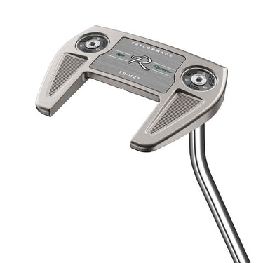 TaylorMade TP Reserve M27 Single Bend Golf Putter being held up so sole of the club head is showing on a white background