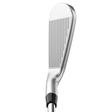 Callaway Apex Pro 24 Golf Iron being shown at the address position, showing the groves of the face on a white background 