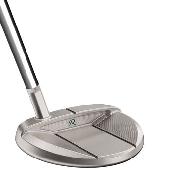 TaylorMade TP Reserve M33 Small Slant Golf Putter being shown at an angle that shows the back of the club face and the heel of the club face on a white background