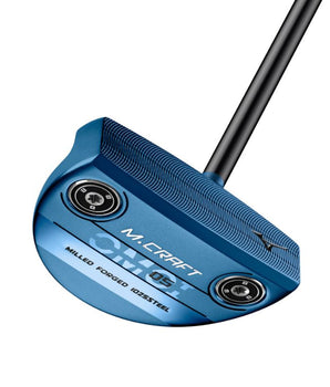 Mizuno OMOI M Craft 05 Putter in Bold Blue ION ION colour, showing off the sole and face of the putter on a white background 