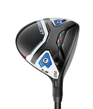 Cobra Aerojet LS Fairway Golf Wood held up so the back of the sole of the club head is visible on a white background