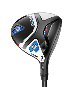 Cobra Aerojet Max Golf Fairway Wood being held up so the sole of the club is visible on a white background