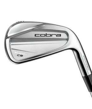 Cobra KING Cavity Backed Golf Iron held up so back of the club head is showing, on a white background