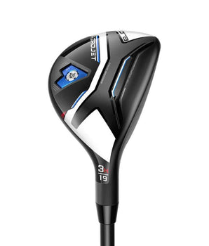 Cobra Aerojet Golf Hybrid being held up so the sole of the club head is showing on a white background